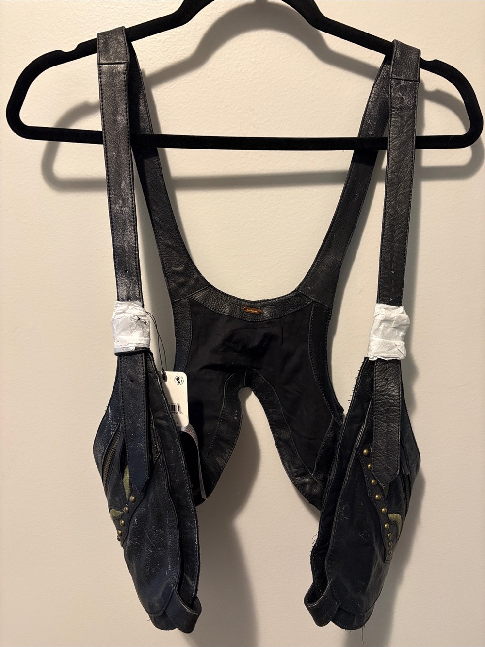 Free People Black Leather-Trim Overalls with Stud Accents
